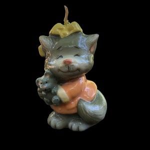 Vintage Made in Hong Kong Miniature Cat Momma & Baby Candle 3.5”
